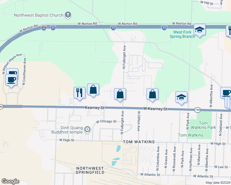 map of restaurants, bars, coffee shops, grocery stores, and more near 2501 North Fulbright Avenue in Springfield
