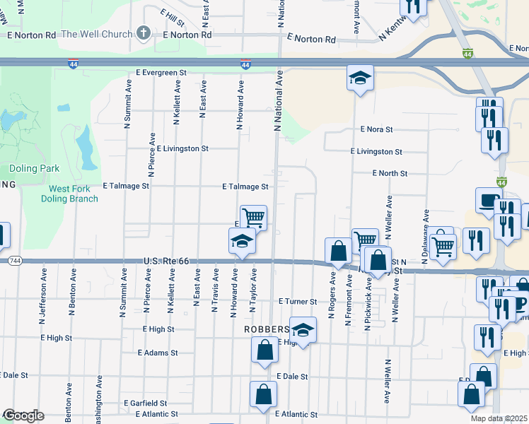 map of restaurants, bars, coffee shops, grocery stores, and more near 2532 North Howard Avenue in Springfield