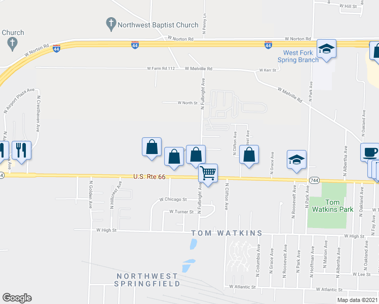map of restaurants, bars, coffee shops, grocery stores, and more near 2457 N Cottage Ave in Springfield