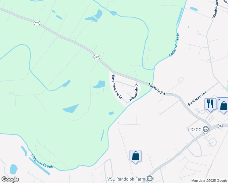 map of restaurants, bars, coffee shops, grocery stores, and more near 20508 Ravensbourne Drive in Petersburg