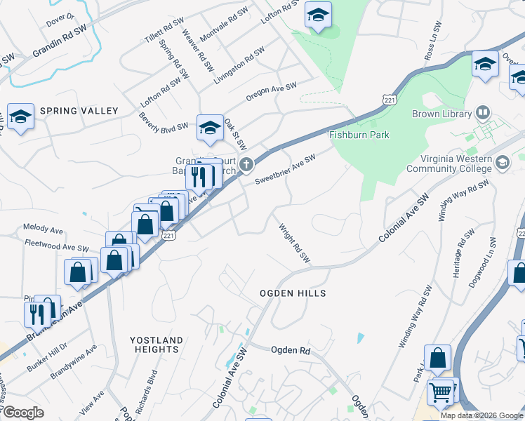 map of restaurants, bars, coffee shops, grocery stores, and more near 2623 Creston Avenue Southwest in Roanoke