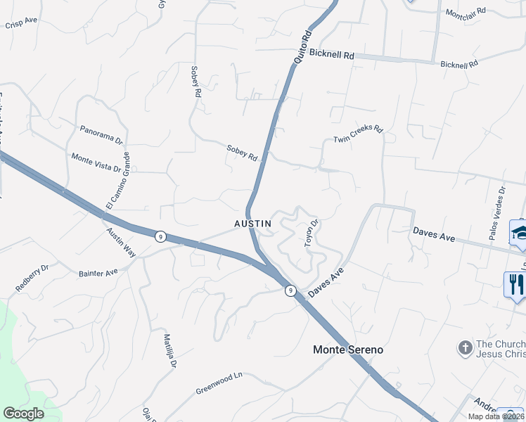 map of restaurants, bars, coffee shops, grocery stores, and more near 15520 Quito Road in Monte Sereno