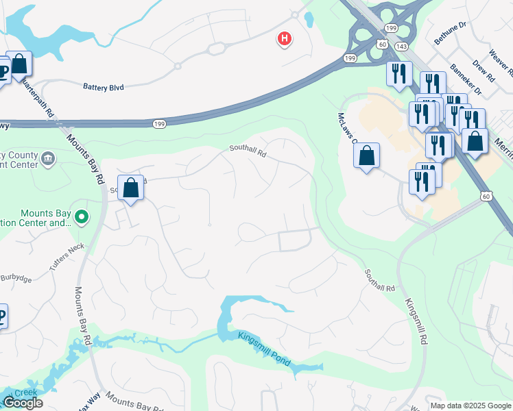 map of restaurants, bars, coffee shops, grocery stores, and more near 128 Underwood Road in Williamsburg