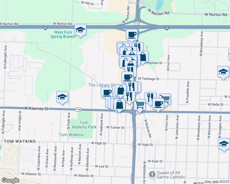 map of restaurants, bars, coffee shops, grocery stores, and more near 1831 West Melville Road in Springfield