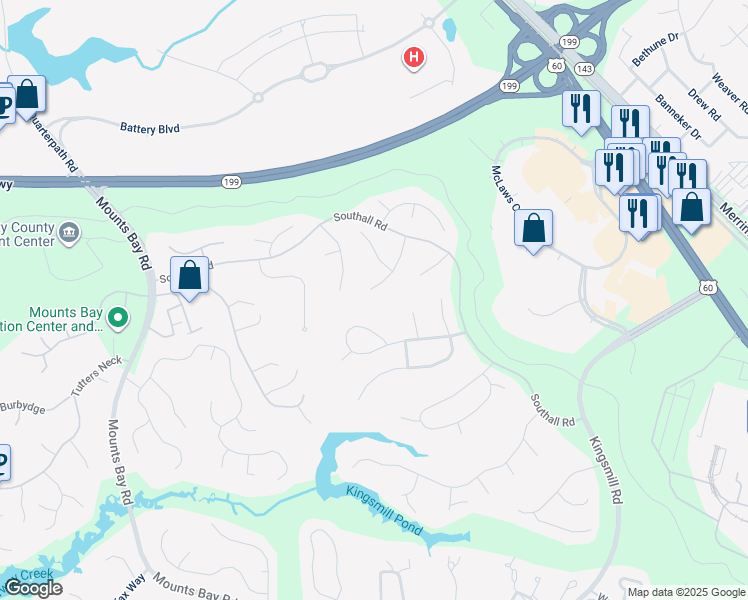map of restaurants, bars, coffee shops, grocery stores, and more near 128 Underwood Road in Williamsburg