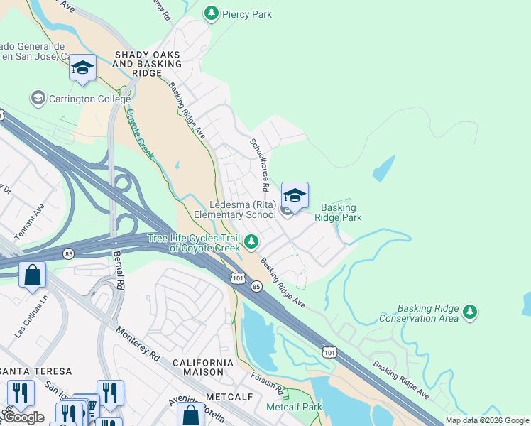 map of restaurants, bars, coffee shops, grocery stores, and more near 813 Basking Lane in San Jose