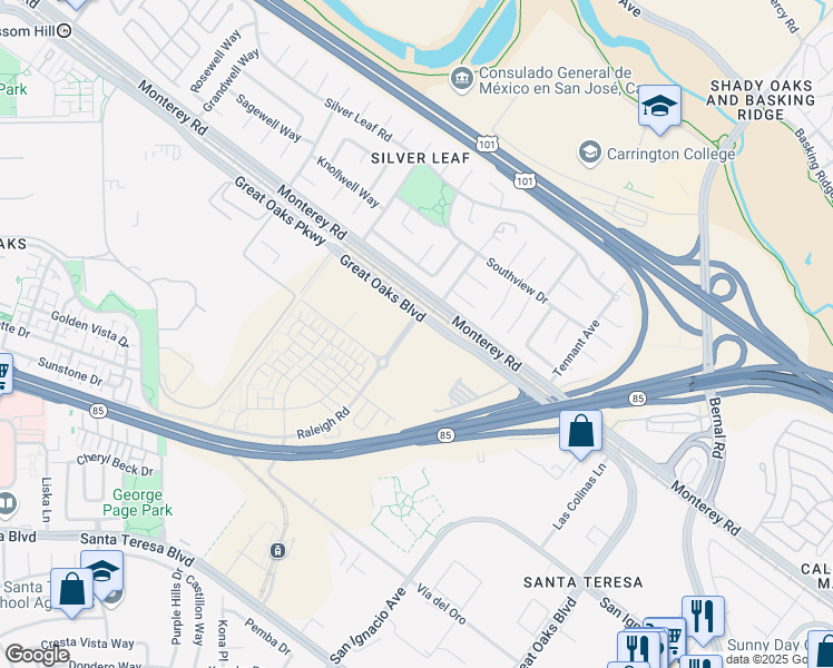 map of restaurants, bars, coffee shops, grocery stores, and more near 5 Great Oaks Boulevard in San Jose