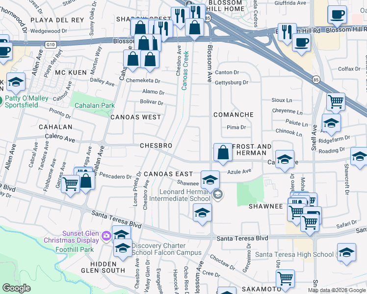 map of restaurants, bars, coffee shops, grocery stores, and more near 5830 Indian Avenue in San Jose