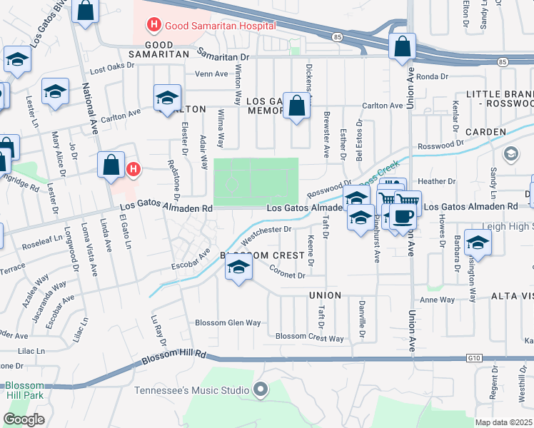 map of restaurants, bars, coffee shops, grocery stores, and more near 2226 Los Gatos Almaden Road in San Jose