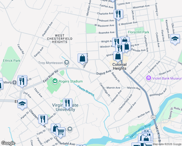 map of restaurants, bars, coffee shops, grocery stores, and more near 408 Dupuy Avenue in Colonial Heights
