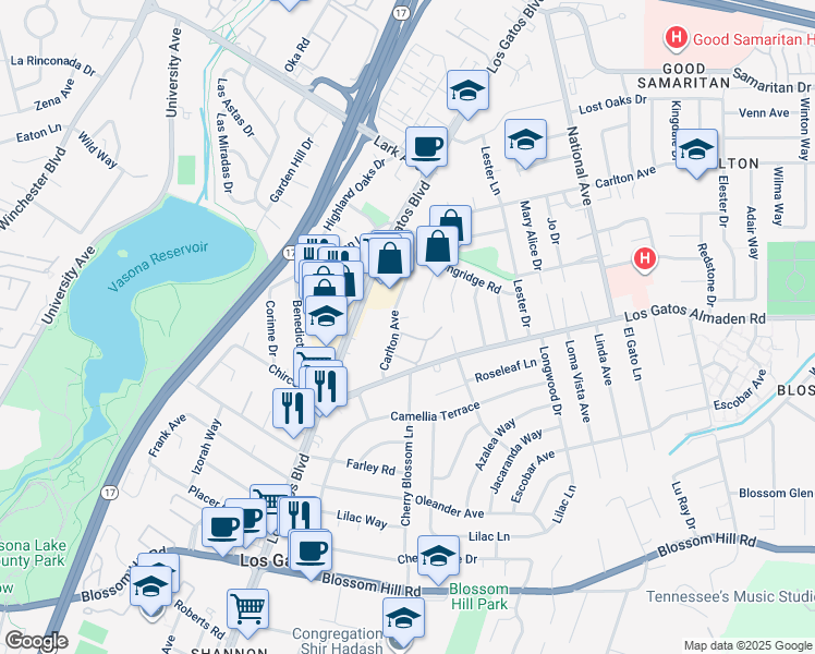 map of restaurants, bars, coffee shops, grocery stores, and more near 136 Carlton Avenue in Los Gatos