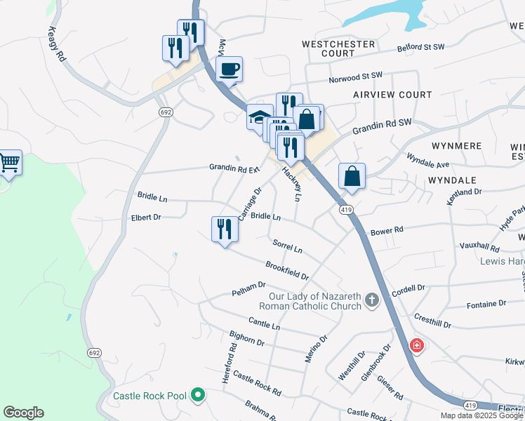 map of restaurants, bars, coffee shops, grocery stores, and more near 2046 Bridle Lane in Cave Spring