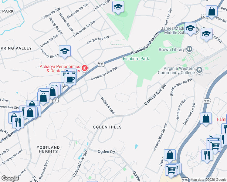 map of restaurants, bars, coffee shops, grocery stores, and more near 2563-2583 Creston Avenue Southwest in Roanoke