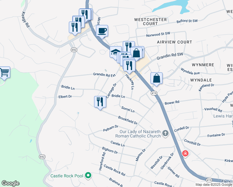 map of restaurants, bars, coffee shops, grocery stores, and more near 2046 Bridle Lane in Cave Spring