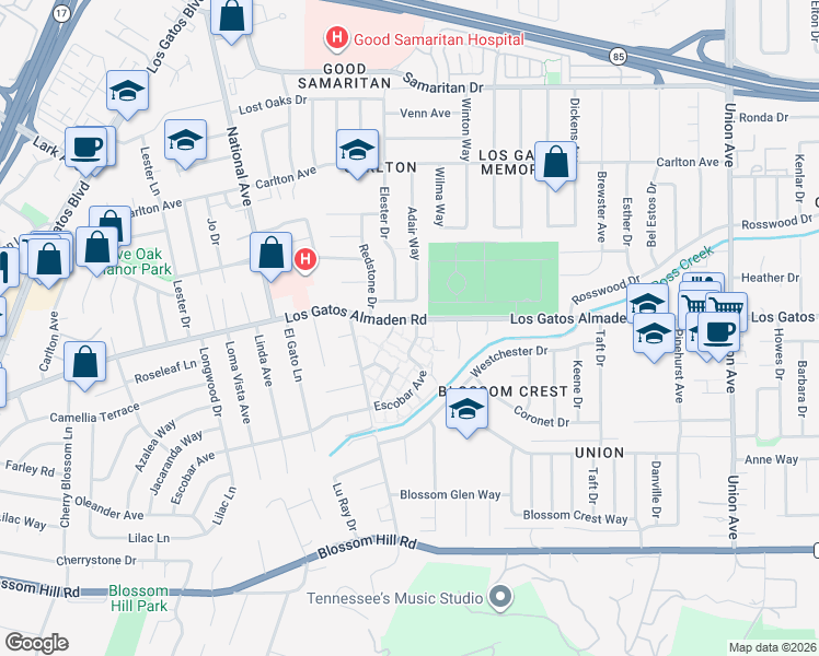 map of restaurants, bars, coffee shops, grocery stores, and more near 102 Escobar Avenue in Los Gatos