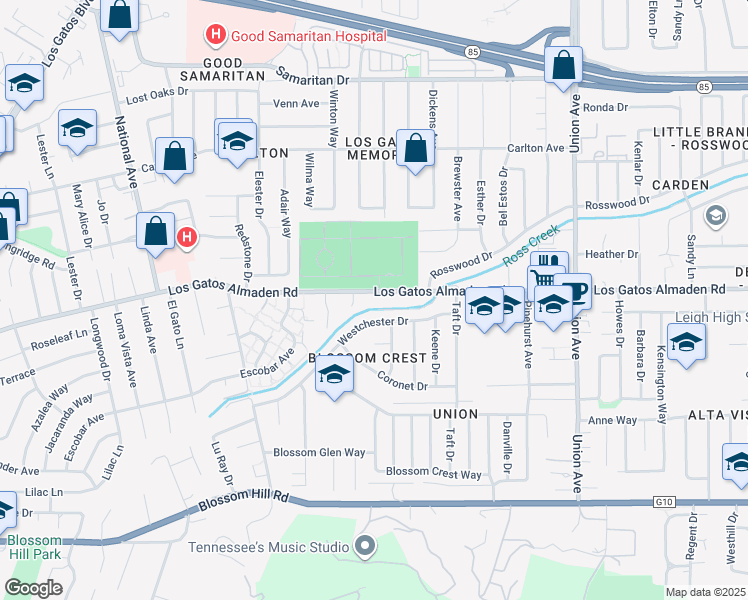 map of restaurants, bars, coffee shops, grocery stores, and more near 2226 Los Gatos Almaden Road in San Jose