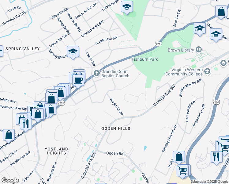 map of restaurants, bars, coffee shops, grocery stores, and more near 2602 Creston Avenue Southwest in Roanoke