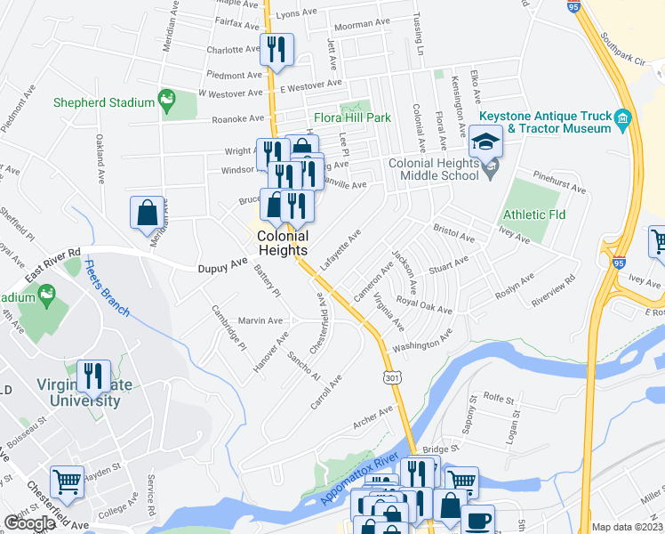 map of restaurants, bars, coffee shops, grocery stores, and more near 113 Lafayette Avenue in Colonial Heights