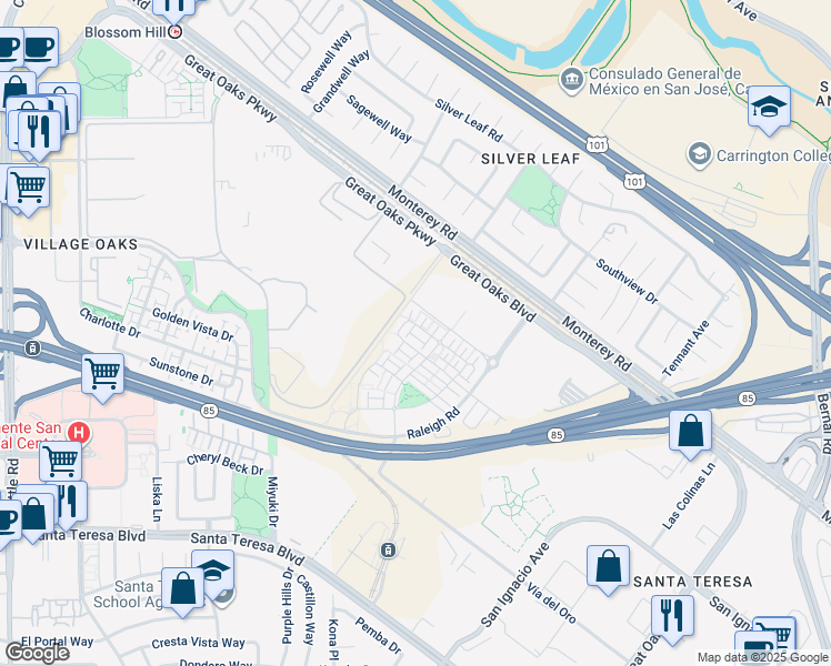 map of restaurants, bars, coffee shops, grocery stores, and more near 5765 Magnetic Loop in San Jose
