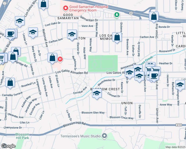 map of restaurants, bars, coffee shops, grocery stores, and more near 101 Ross Creek Court in Los Gatos