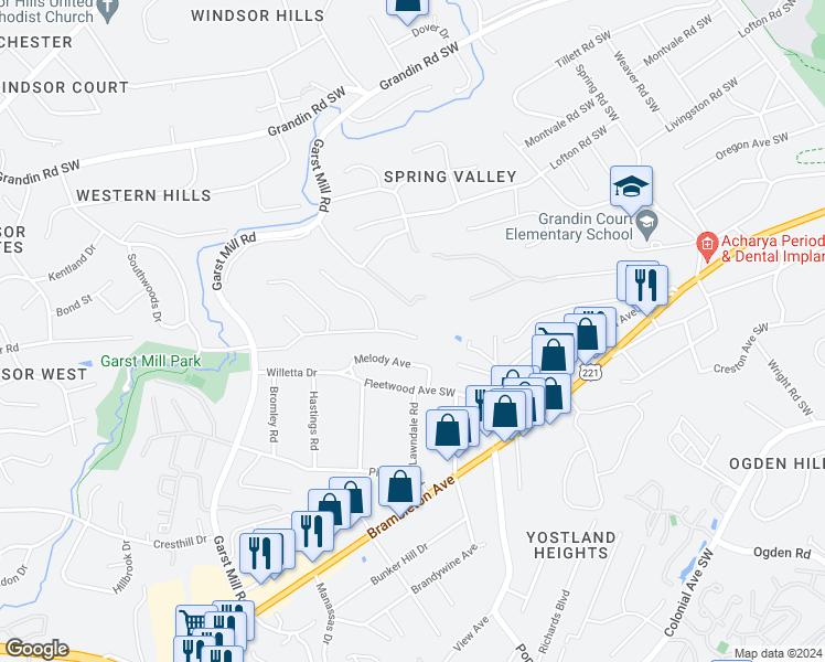 map of restaurants, bars, coffee shops, grocery stores, and more near 3573 Larson Lane in Cave Spring