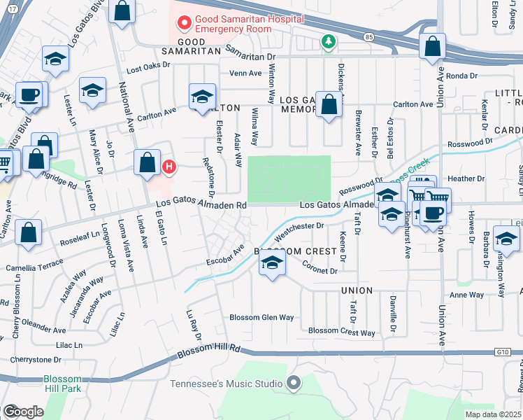 map of restaurants, bars, coffee shops, grocery stores, and more near 101 Ross Creek Court in Los Gatos