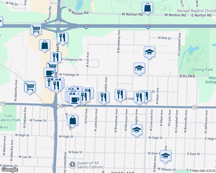 map of restaurants, bars, coffee shops, grocery stores, and more near 2526 North Franklin Avenue in Springfield
