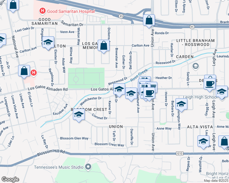 map of restaurants, bars, coffee shops, grocery stores, and more near 2154 Los Gatos Almaden Road in San Jose