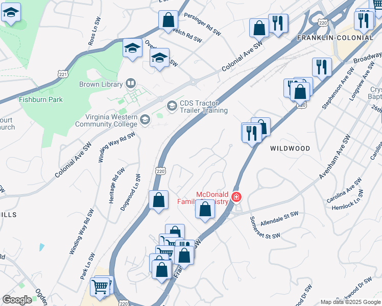 map of restaurants, bars, coffee shops, grocery stores, and more near 3357 Somercroft Court in Roanoke