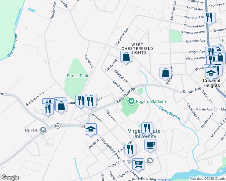map of restaurants, bars, coffee shops, grocery stores, and more near 20404 Loyal Avenue in Ettrick