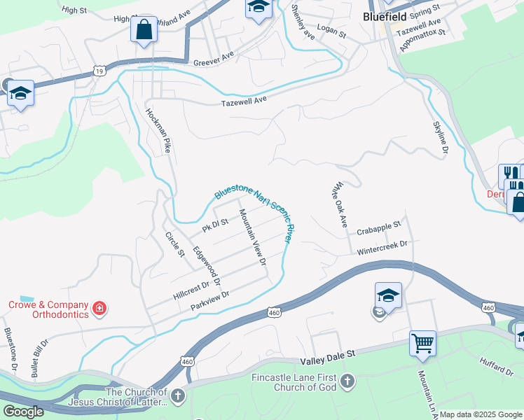 map of restaurants, bars, coffee shops, grocery stores, and more near 401-409 Parkdale Drive in Bluefield