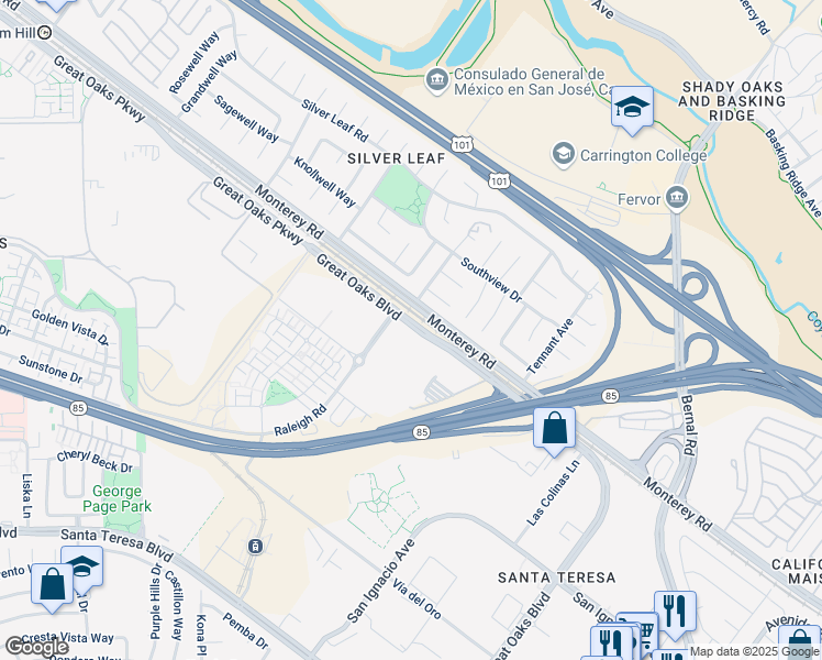 map of restaurants, bars, coffee shops, grocery stores, and more near 5 Great Oaks Boulevard in San Jose