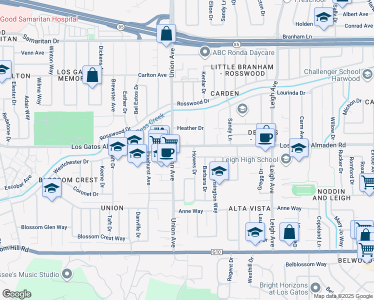 map of restaurants, bars, coffee shops, grocery stores, and more near 290 Los Gatos Almaden Road in Los Gatos
