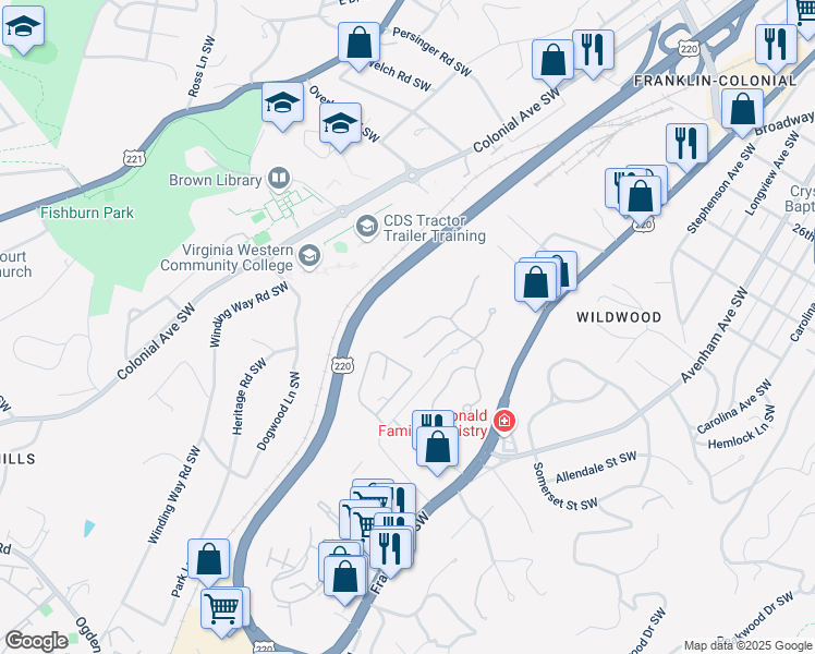 map of restaurants, bars, coffee shops, grocery stores, and more near 3357 Somercroft Court in Roanoke