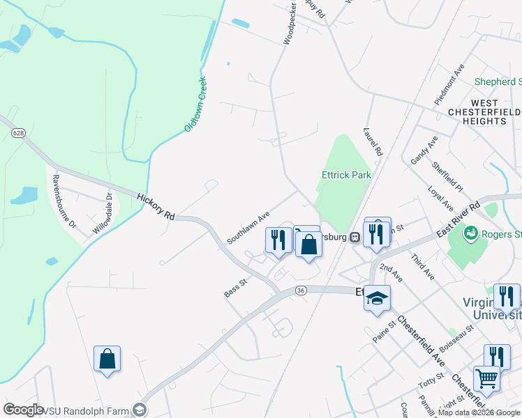 map of restaurants, bars, coffee shops, grocery stores, and more near 20530 Southlawn Avenue in Petersburg