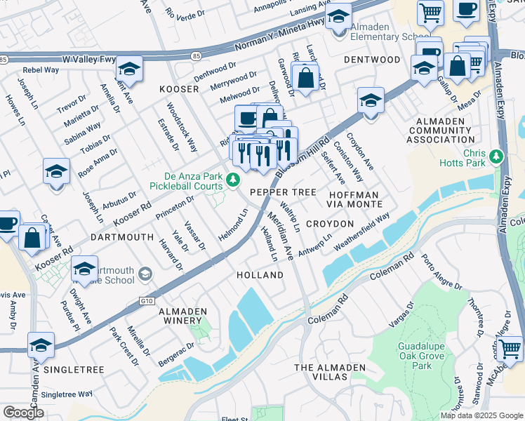 map of restaurants, bars, coffee shops, grocery stores, and more near Blossom Hill Road & Meridian Avenue in San Jose