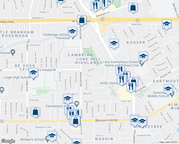 map of restaurants, bars, coffee shops, grocery stores, and more near 1778 Dalton Place in San Jose