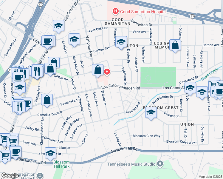 map of restaurants, bars, coffee shops, grocery stores, and more near 15545 Camino Del Cerro in Los Gatos