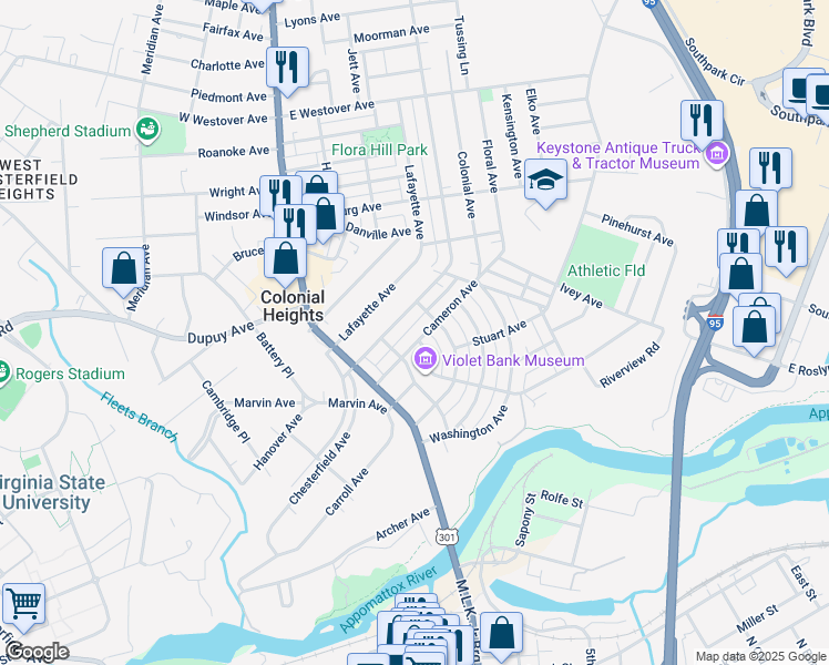 map of restaurants, bars, coffee shops, grocery stores, and more near 222 Cameron Avenue in Colonial Heights