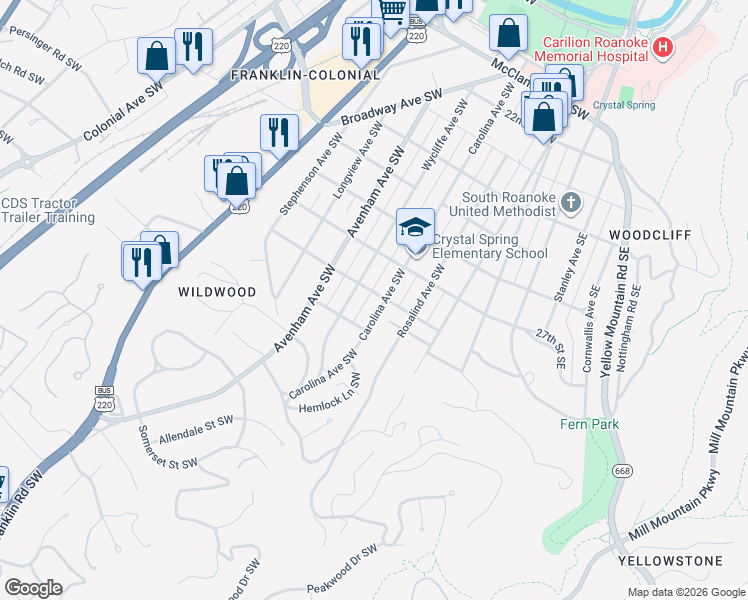 map of restaurants, bars, coffee shops, grocery stores, and more near 2802 Wycliffe Avenue Southwest in Roanoke