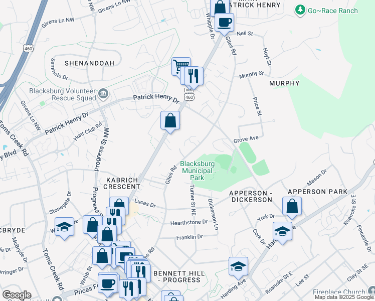 map of restaurants, bars, coffee shops, grocery stores, and more near 200 Heights Lane in Blacksburg