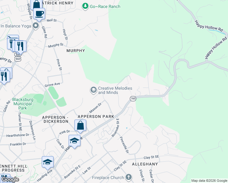 map of restaurants, bars, coffee shops, grocery stores, and more near 500 Rucker Road in Blacksburg