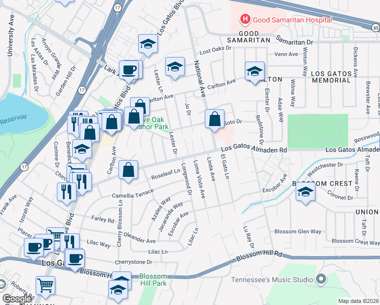 map of restaurants, bars, coffee shops, grocery stores, and more near 101 Loma Vista Court in Los Gatos