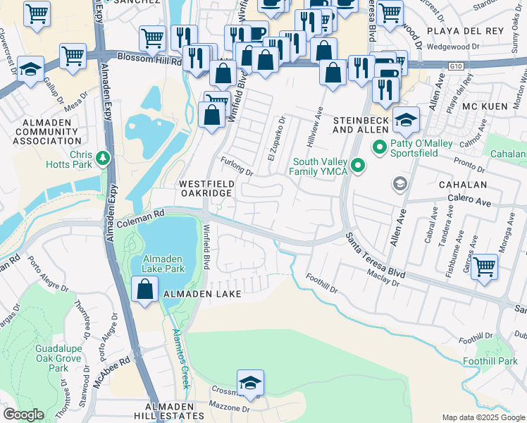 map of restaurants, bars, coffee shops, grocery stores, and more near 5900 Eastman Lake Drive in San Jose