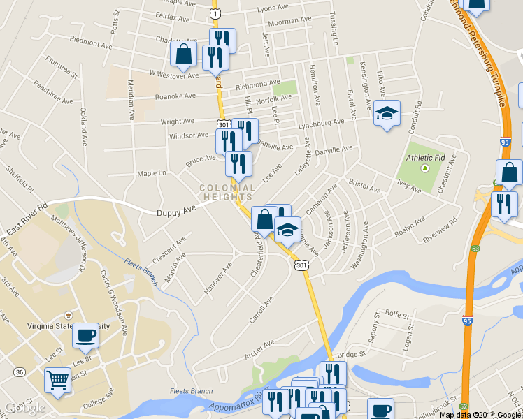 map of restaurants, bars, coffee shops, grocery stores, and more near 110 Lafayette Avenue in Colonial Heights