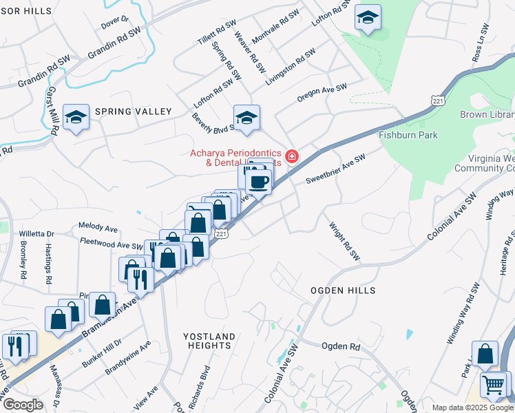 map of restaurants, bars, coffee shops, grocery stores, and more near 2902 Brambleton Avenue Southwest in Roanoke