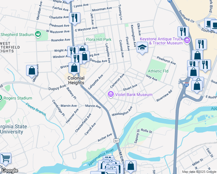 map of restaurants, bars, coffee shops, grocery stores, and more near 222 Cameron Avenue in Colonial Heights