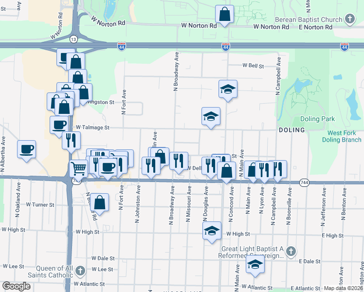 map of restaurants, bars, coffee shops, grocery stores, and more near 2534 North Broadway Avenue in Springfield
