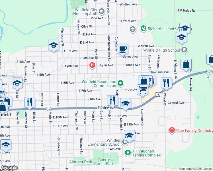 map of restaurants, bars, coffee shops, grocery stores, and more near 1415 East 6th Avenue in Winfield