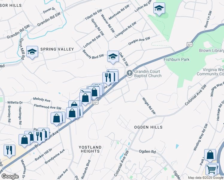 map of restaurants, bars, coffee shops, grocery stores, and more near 2902 Brambleton Avenue Southwest in Roanoke